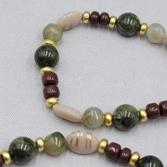Vintage Brown Green Beige Bead Necklace Gold tone 36″