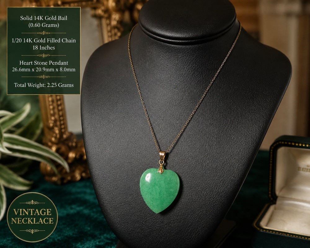 14K Gold Bail Green Heart Stone Pendant 1/20 14K GF 18” Necklace Vintage