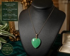 14K Gold Bail Green Heart Stone Pendant 1/20 14K GF 18” Necklace Vintage