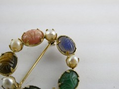 Vintage 1/20th 12k Gold Fill Faux Pearl and Semi Precious Gem Scarabs Circle Pin