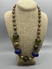 Vintage Blue Green Tumbled Glass Brass Beaded Necklace 24”