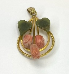 MCM Carved Faux Coral & Jade Necklace Pendant Tulip Flowers Leaves Double Hoop