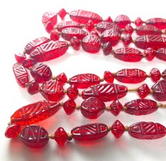 Antique/Vtg Red Czech Glass Bead Necklace Hand Strung Knotted Flapper 56″
