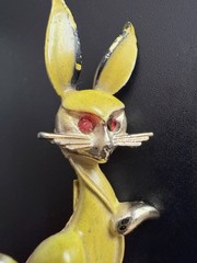 Mid Century Yellow Enamel Bunny Rabbit Brooch Red Rhinestone Eyes Whiskers Vtg