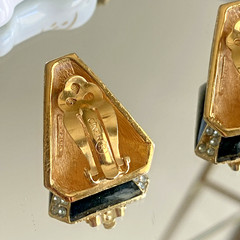 Vintage Ciner Asymmetrical Gold Plated Black Enamel Crystal Clip-On Earrings