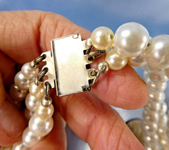 Vintage Faux Pearl Necklace Black White Beaded Multi Strand w/ Crystals