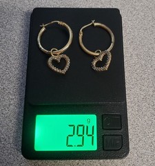 925 FAS Heart Charm Hoop Earrings 1.25in Vermeil Sterling Silver 2.94g Estate