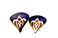 Vintage Purple Red Cloisonné Enamel Fan Gold Tone Pierced Stud Earrings