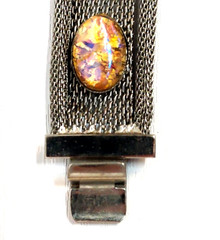 Metal Mesh Bracelet Lucite Foil Faux-Opal Cabochons Silvertone Vintage 60s