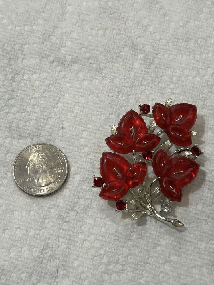 Signed Hisner Red Flower Leaf Brooch **See Description**