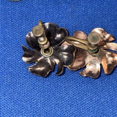 Vintage Gold & Rose Tone Flower Green Rhinestones Brooch & Earrings Set 1/20 12k