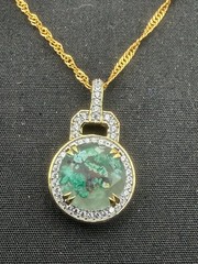 JTV Foil Glass Silver 925 Pendant Necklace Green Aventurine Flake Gold Tone 19″