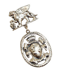 Vintage Sterling Silver Winged Lion with Hanging Crest Brooch, 3 1/8″ Tall