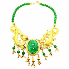 VTG Designer Dragon Statement Necklace, Gold-Tone Metal with Faux Jade Beads
