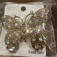 Vintage BLUE ICE Butterfly Brooch Large Gold Tone Multicolor Rhinestone NICE!