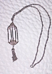 J.J. JONETTE-Vintage Necklace Bird Cage Charm With Tassel Silver Tone Chain 30”