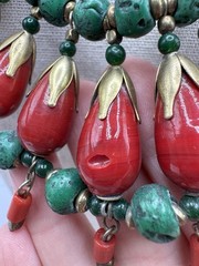 Vintage Tribal Boho Statement Necklace Brass Green Stone Red Glass