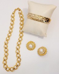 Vintage 3 Piece Lot Earrings Clip Bracelet Necklace, Goldtone