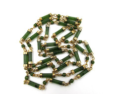 Jade Chinese Export Bamboo Cylinder Station Necklace Gold Plated 36″ Vintage