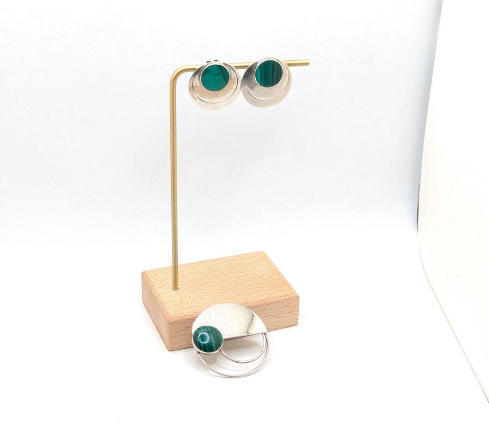Vintage PTP Signed Malachite Sterling Silver Demi Parure Set Matching Earrings