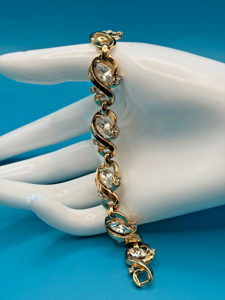 Alfred Philippe Trifari Bracelet Vtg Clear Rhinestone Marquise Stones Gold Tone
