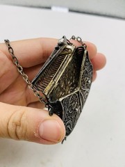 Antique Silver Tone Intricate Filigree Swirl Flower Coin Perfume Purse Pendant