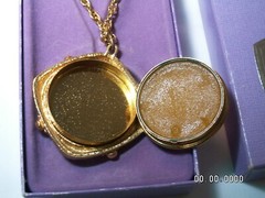 …Revlon Gold Tone,Red Glass Cab “Intimate” Perfume Locket Pendant Necklace…