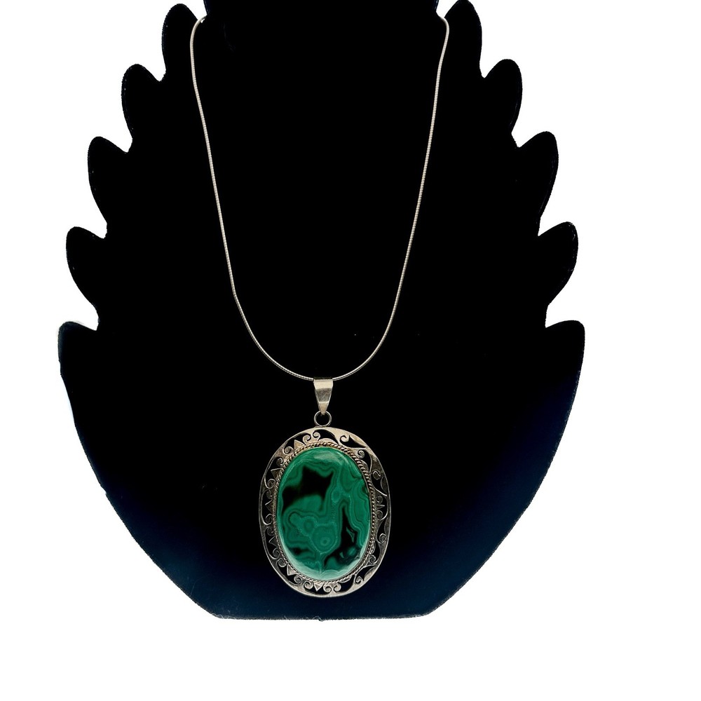 Sterling Silver & Malachite Statement Artisan Pendant Chain Necklace Handmade