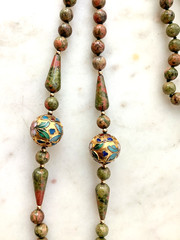 Vintage Beaded Necklace Chinese Champleve Cloisonne Jasper Opera Length 30″