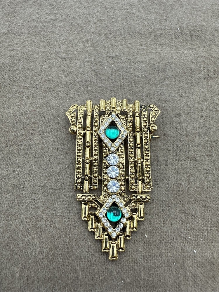 Crest Chandelier Waterfall Green Clear Crystals Rhinestones Gold Brooch 2-1/4″