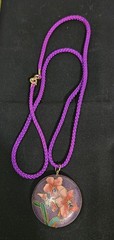 Vtg Large Iris Flowers on Purple Enamel Cloissone Pendant/Cord Necklace 26 in