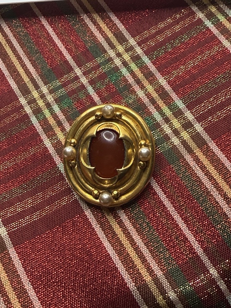 Vtg Signed MMA Egyptian Revival Gold Tone, Pearl Bead & Carnelian Brooch Pin