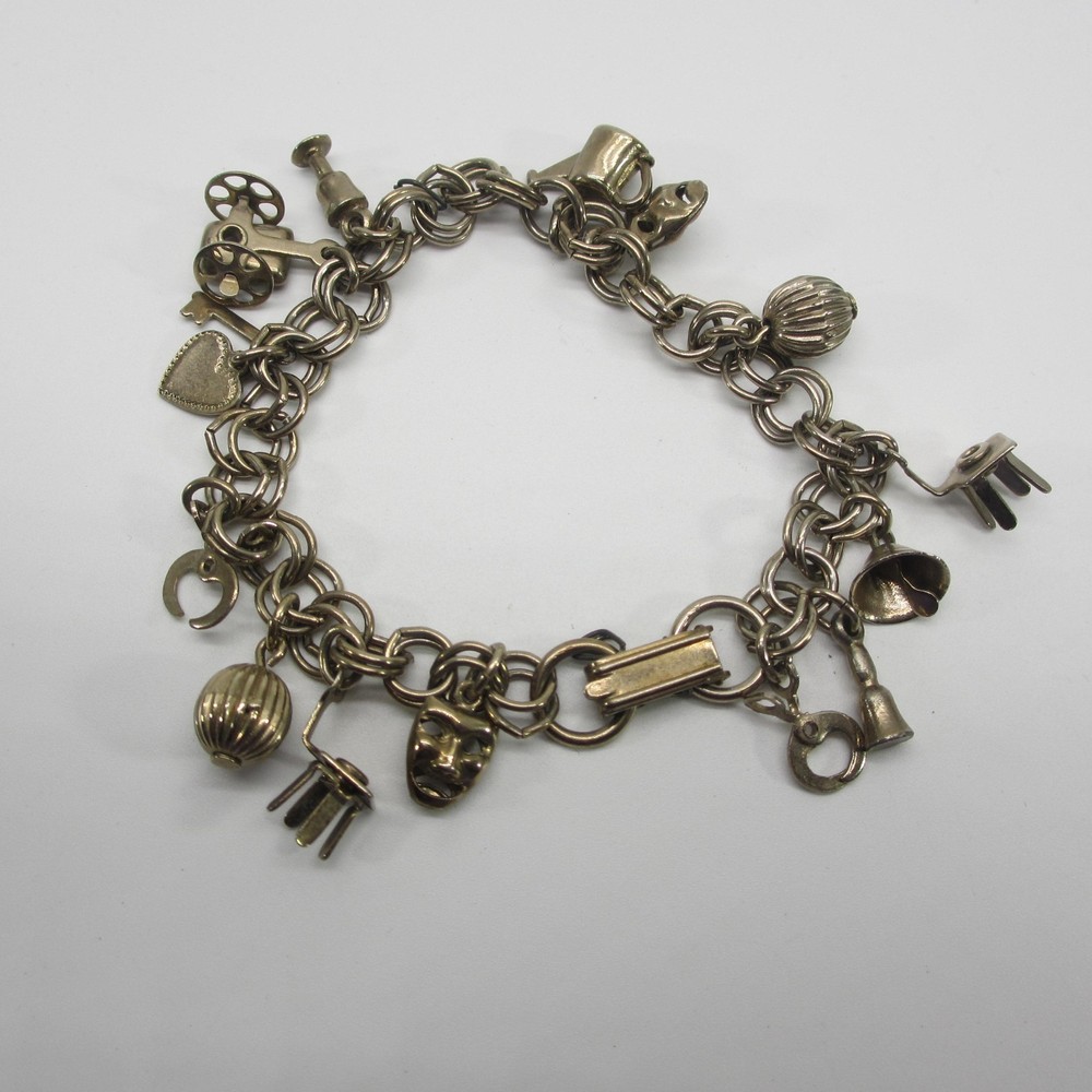 Vintage Charm Bracelet Mask Bell Heart Pitcher Key Silver Tone