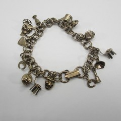 Vintage Charm Bracelet Mask Bell Heart Pitcher Key Silver Tone