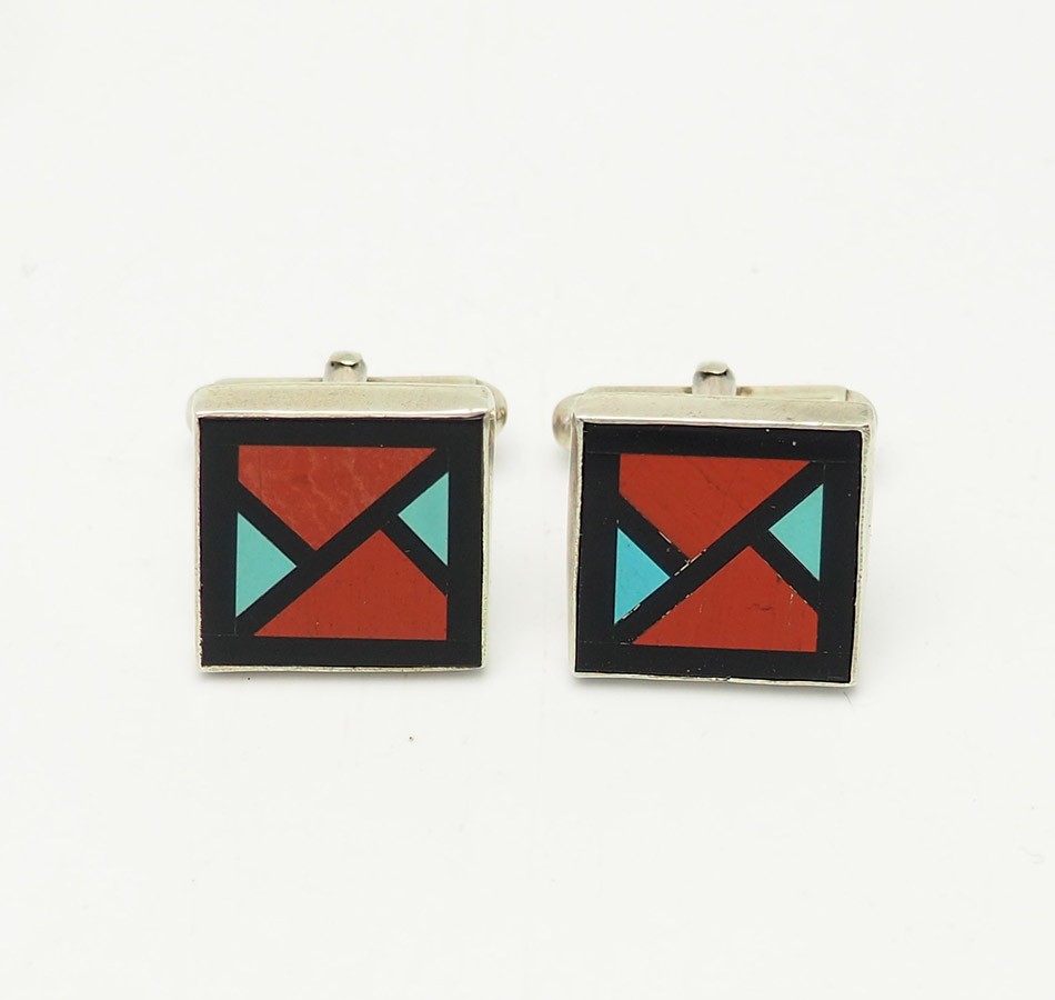 Retro sterling silver modern geometry inlaid gemstones square cufflinks