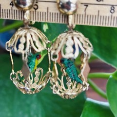 Vintage Pair of Gold Tone Parrots Birds In Cages Dangle Screwback Earrings