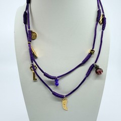VTG Purple Silk Cord Multi Charm Layered Necklace Gold Tone Key Heart Italian