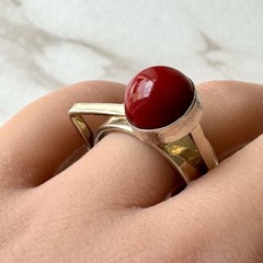 Red Index Finger Modernist Ring Square Geometric SZ 9 Signed Sterling Silver 925