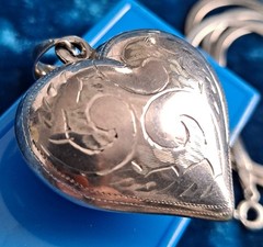 Vintage Puffy Heart Pendant Necklace Etched Design Included SS Chain 925