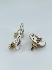 Mr Tara River boat cufflinks and tie clip set red gold white enamel 1″