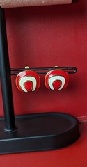 Vintage Red White Off Cream Enamel Gold Tone Clip 1″ Bold Horseshoe Earrings