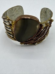 Vtg Modernist Mixed Metals Polished Agate Stone Chunky Cuff Bracelet 8″