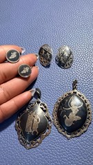 Vintage Siam Sterling Silver Niello Jewelry Set w/ Goddess Mekhala Pendants & Ea