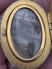 1938 Vintage Gold Plated Oval Locket “BTF” Monogram – Young Man + Red Tractor
