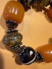 VTG 3 Bakelite Butterscotch Beads Bracelet / B&W artisan beads / metal spacers