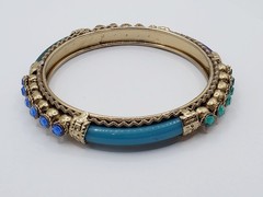 Vintage Metal, Plastic & Rhinestone Bangle Bracelet Blues & Greens