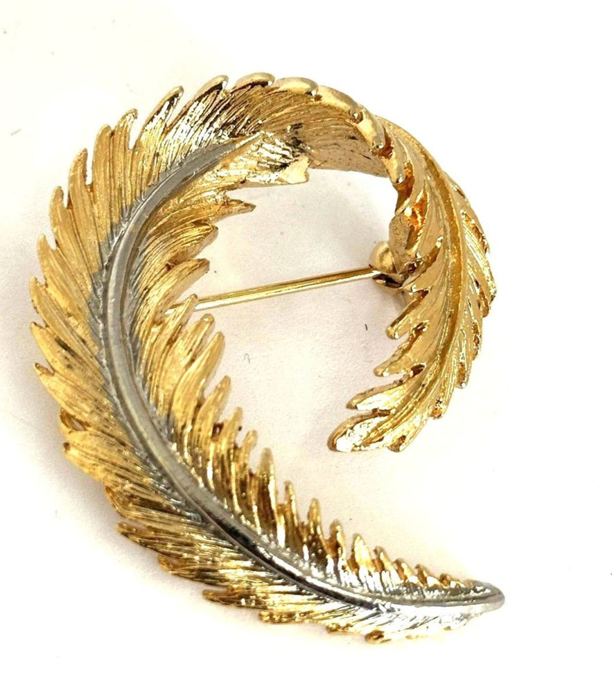 Vintage Gold & Silver Tone Swirl Leaf Brooch – Textured Mid-Century Pin