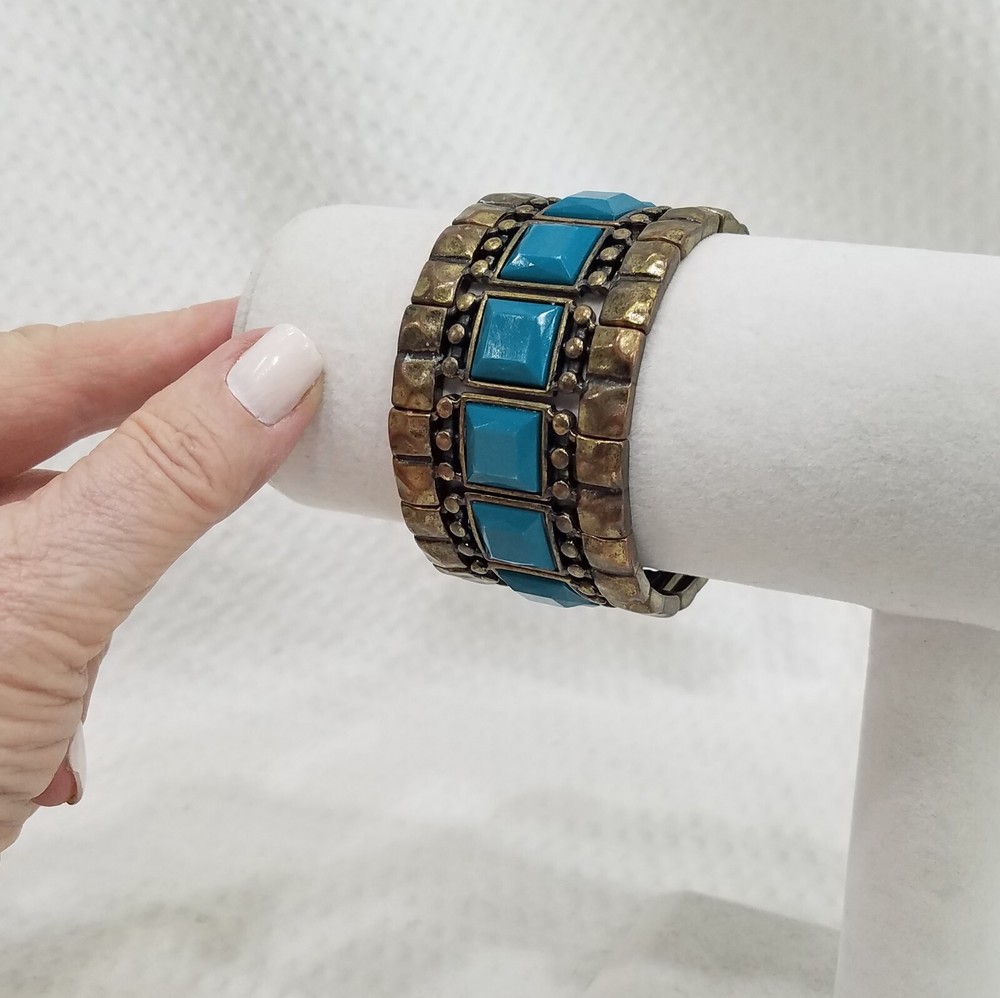 Vintage Boho Tribal Solid Brass & Teal Acrylic Inserts Stretch Bracelet
