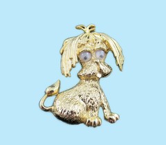 Crazy Eyes Shaggy Dog Textured Gold Tone Figural Brooch Signed