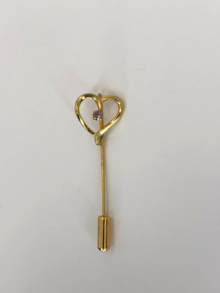 Vintage Gold Tone Heart Stick Pink With Purple Rhinestone